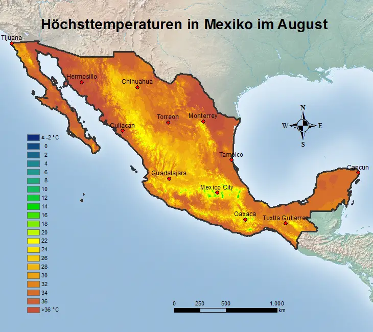 Mexiko Höchsttstemperatur August