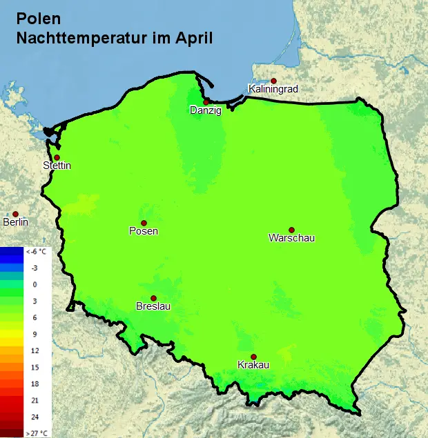 Polen Nachttemperatur im April
