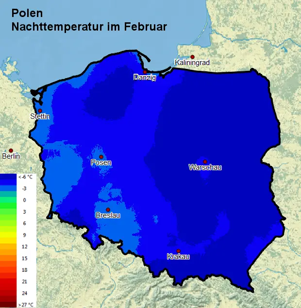 Polen Nachttemperatur im Februar
