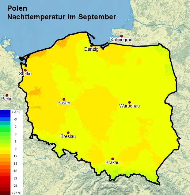 Polen Nachttemperatur September