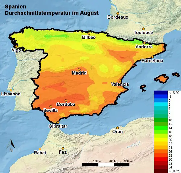 Spanien Durchschnittstemperatur August