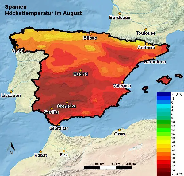 Spanien Höchsttemperatur August