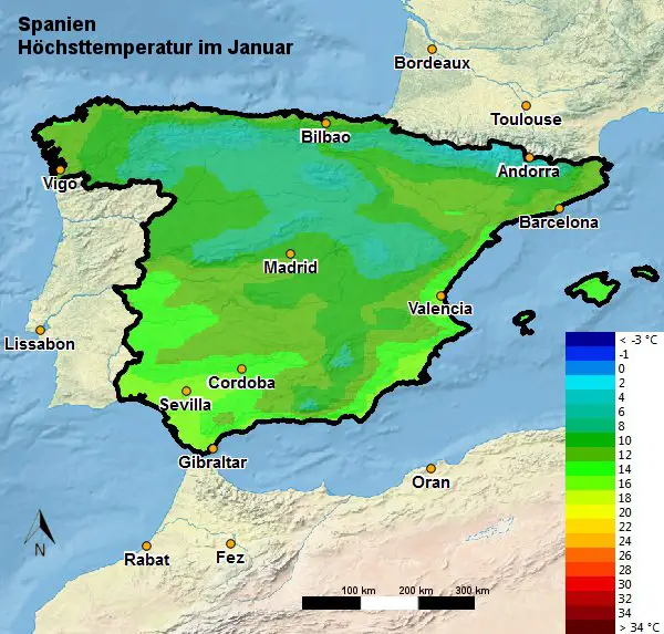 Spanien Höchsttemperatur Januar