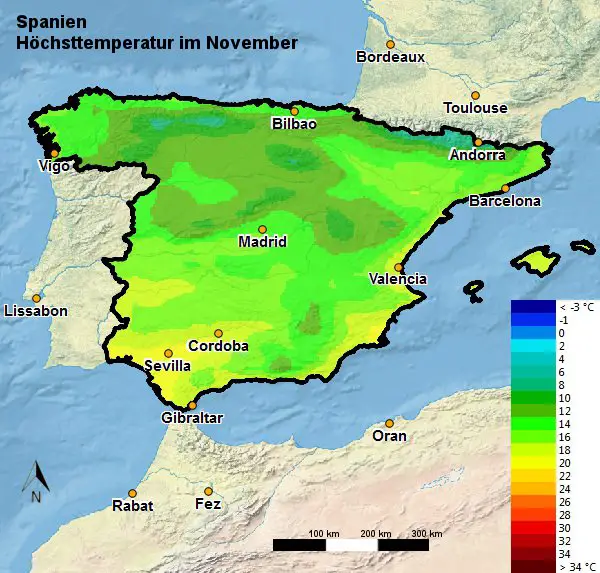 Spanien Höchsttemperatur November