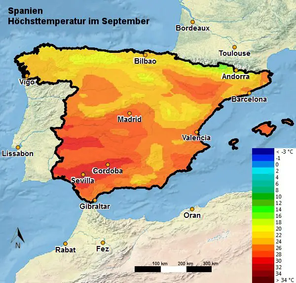 Spanien Höchsttemperatur September
