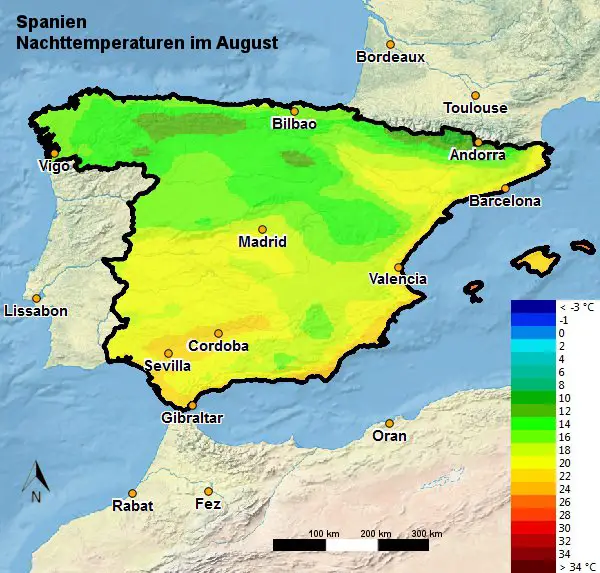 Spanien Nachttemperatur August