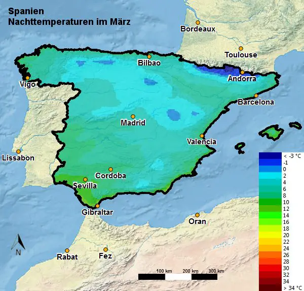 Spanien Nachttemperatur März