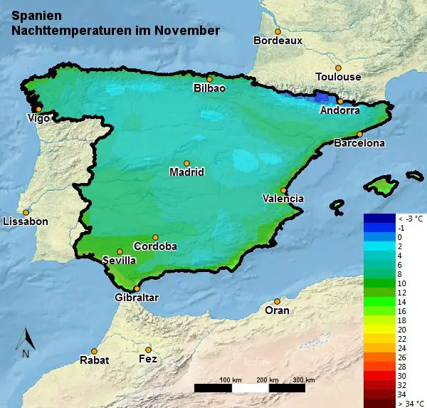 Spanien Nachttemperatur November