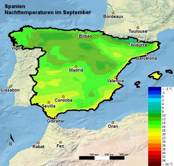 Spanien Nachttemperatur September
