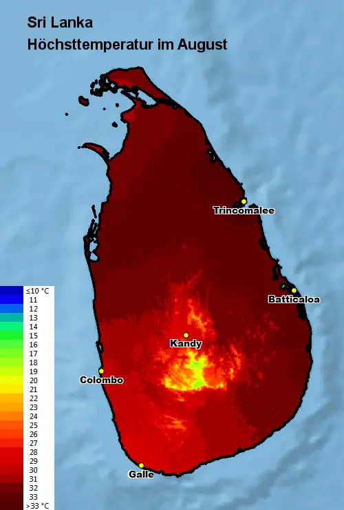 Sri Lanka Höchsttstemperatur August