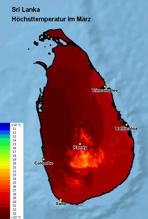 Sri Lanka Höchsttstemperatur März