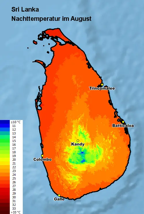 Sri Lanka Nachttemperatur August