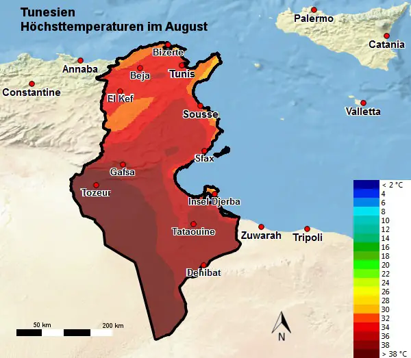 Tunesien Höchsttemperatur August