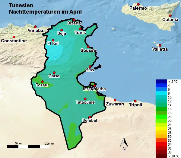 Tunesien Nachttemperatur April