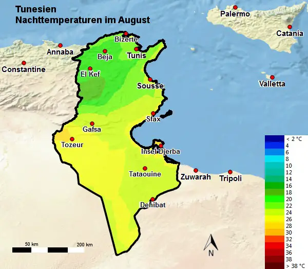 Tunesien Nachttemperatur August