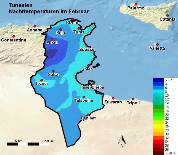 Tunesien Nachttemperatur Februar