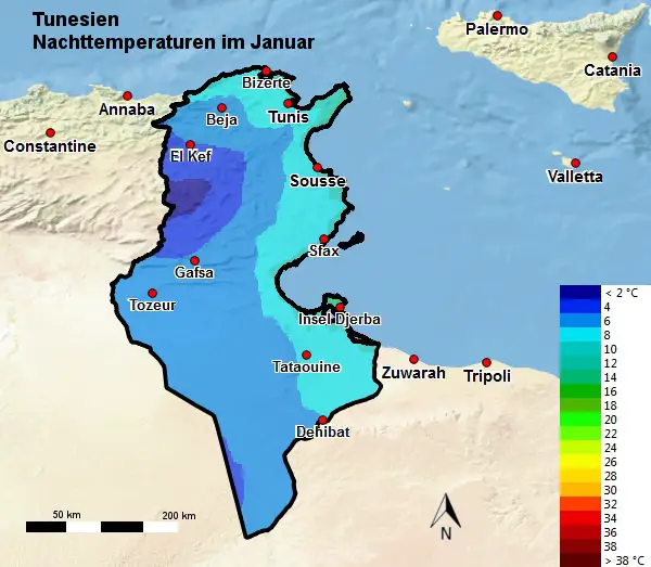 Tunesien Nachttemperatur Januar