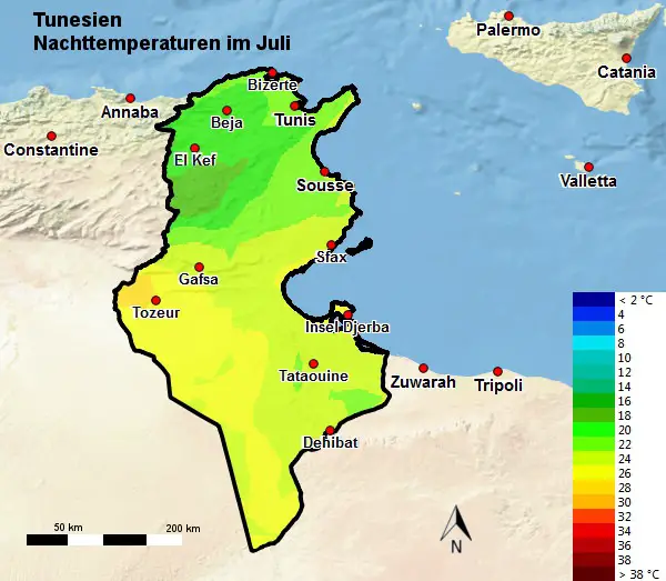 Tunesien Nachttemperatur Juli