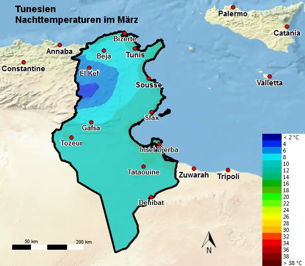 Tunesien Nachttemperatur März
