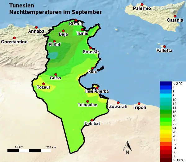 Tunesien Nachttemperatur September