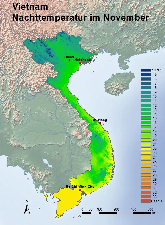 Vietnam Nachttemperatur im Dezember