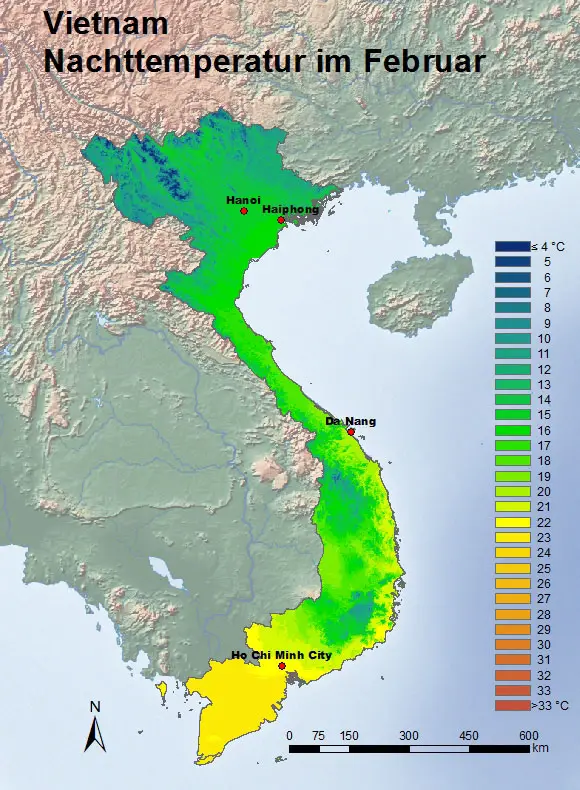 Vietnam Nachttemperatur im Februar