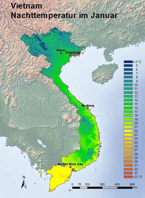 Vietnam Nachttemperatur im Januar