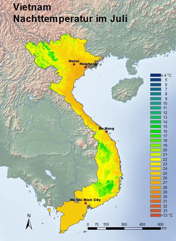 Vietnam Nachttemperatur im Juli