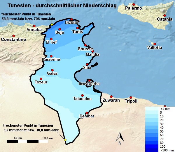 Tunesien Regen Durchschnitt
