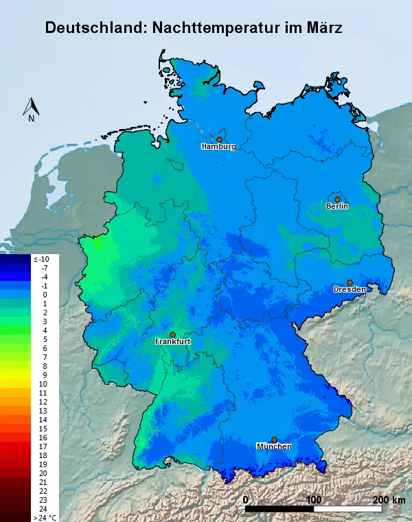 Deutschland März Nachttemperatur