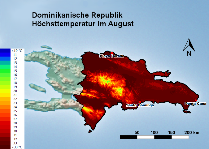Dominikanische Republik Höchsttstemperatur August
