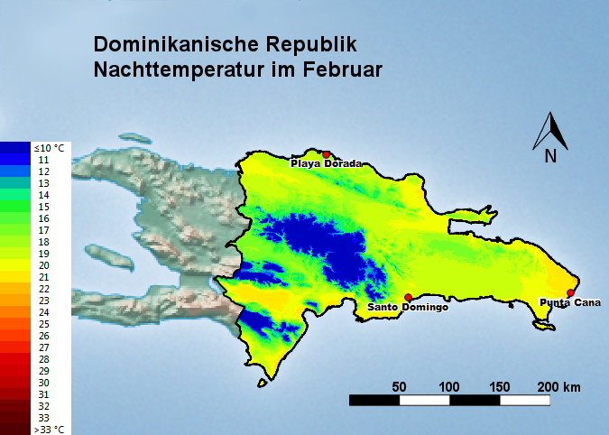 Dominikanische Republik Nachttemperatur Februar