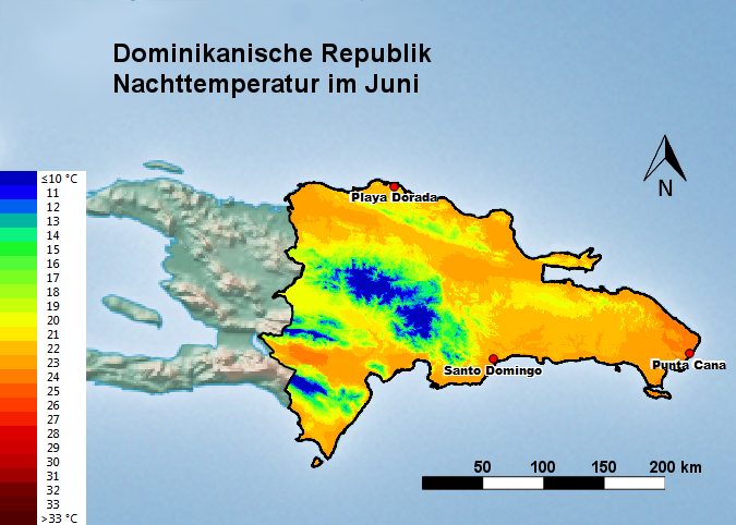 Dominikanische Republik Nachttemperatur Juni