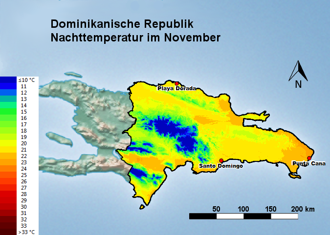Dominikanische Republik Nachttemperatur November
