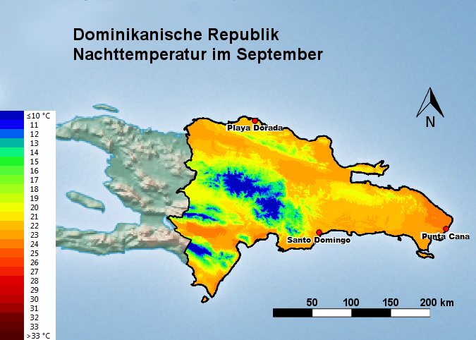 Dominikanische Republik Nachttemperatur September