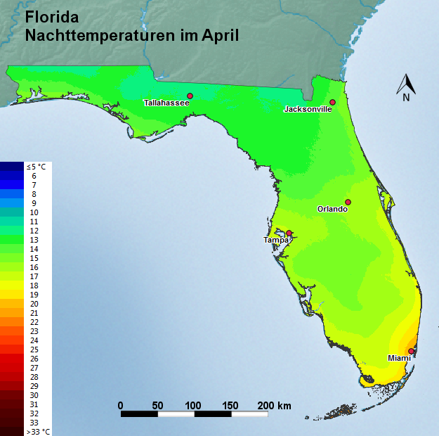 Florida April Nachttemperatur