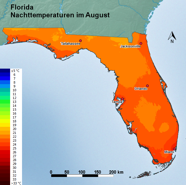 Florida August Nachttemperatur