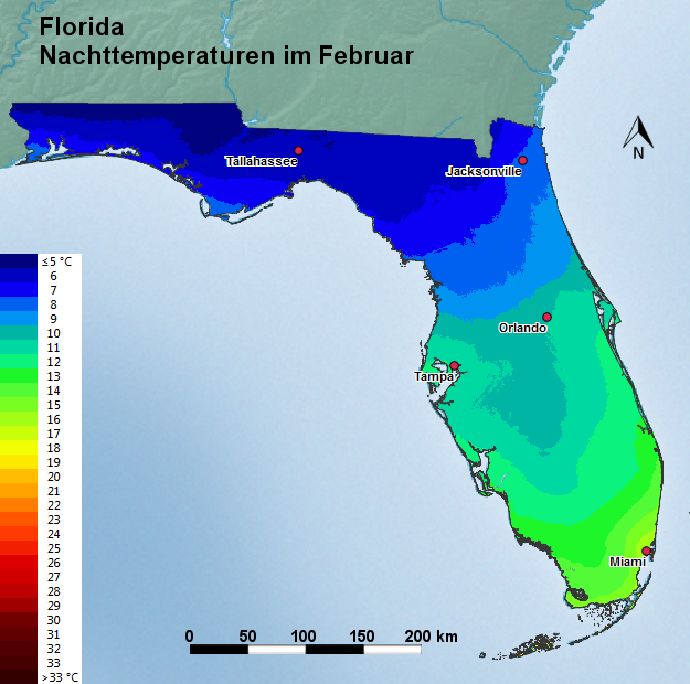 Florida Februar Nachttemperatur