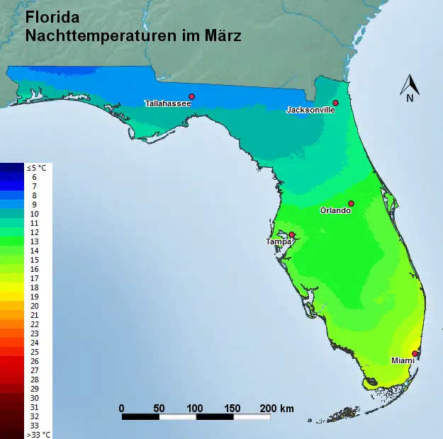 Florida März Nachttemperatur