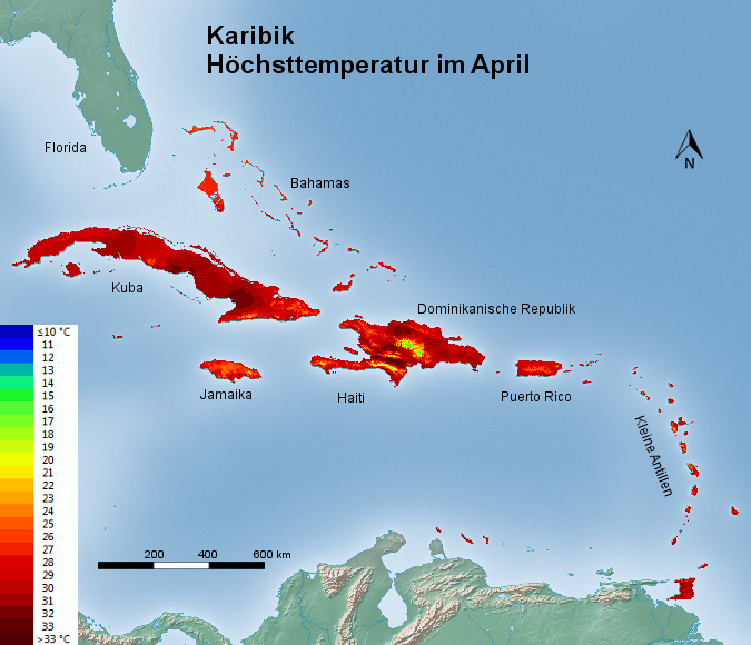 Karibik Höchsttstemperatur April