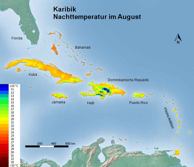 Karibik Nachttemperatur August
