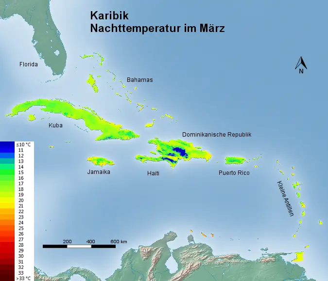 Karibik Nachttemperatur März