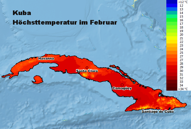 Kuba Höchsttstemperatur Februar