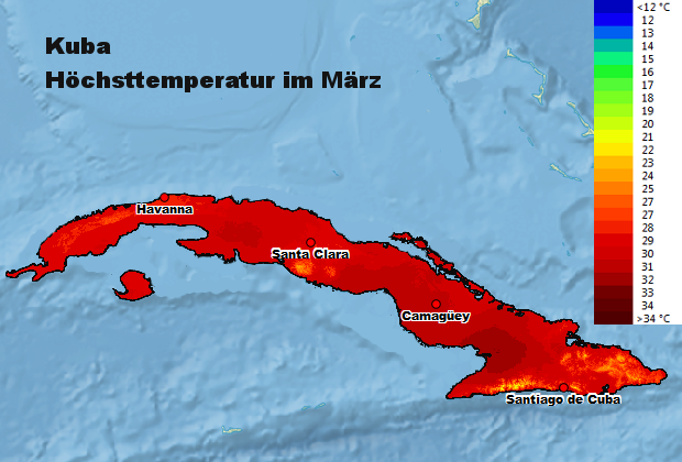 Kuba Höchsttstemperatur März