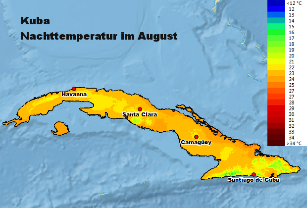 Kuba Nachttemperatur August