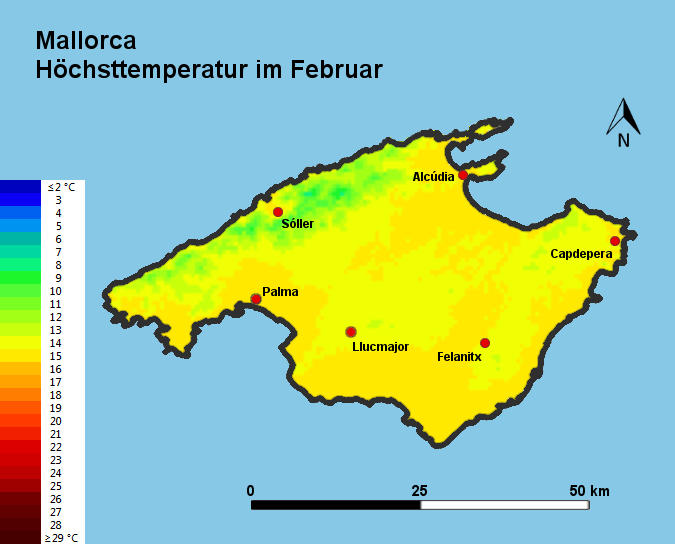 Mallorca Höchsttstemperatur Februar