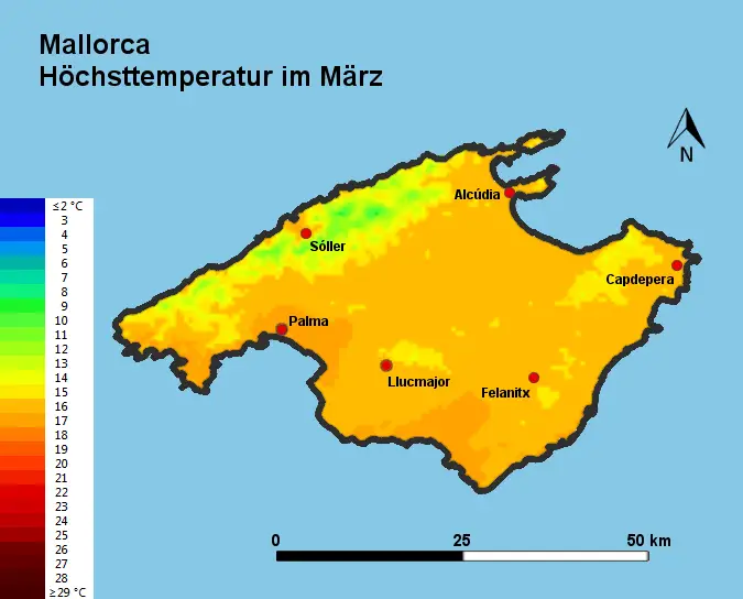 Mallorca Höchsttstemperatur März