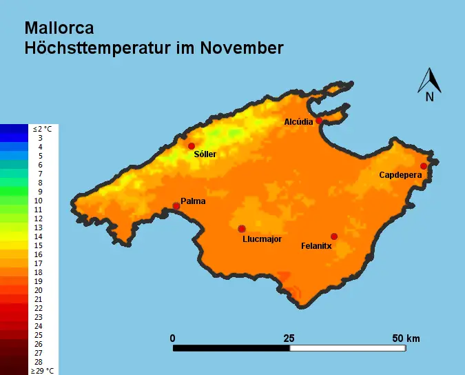 Mallorca Höchsttstemperatur November