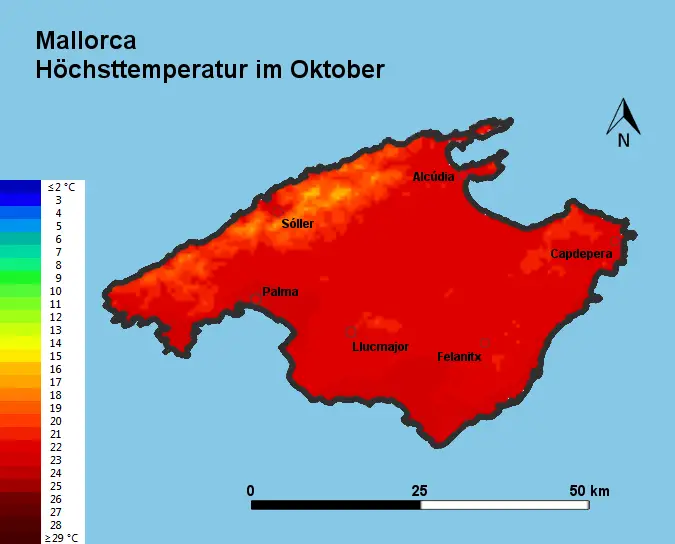 Mallorca Höchsttstemperatur Oktober