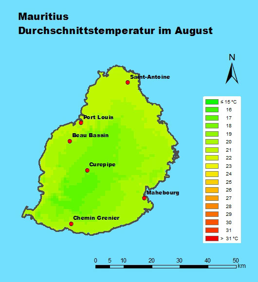Mauritius Durchschnittstemperatur August